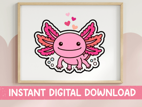 Cute Axolotl with Hearts Kawaii Sticker Graphics