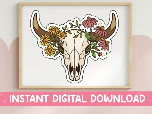 Floral Bull Skull Western Sticker: Graphics for T-Shirt Designs