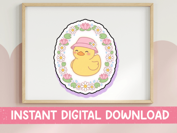 Kawaii Duck Floral Oval Cameo Sticker
