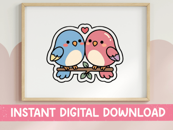 Kawaii Lovebirds on Branch Sticker Cute Graphics
