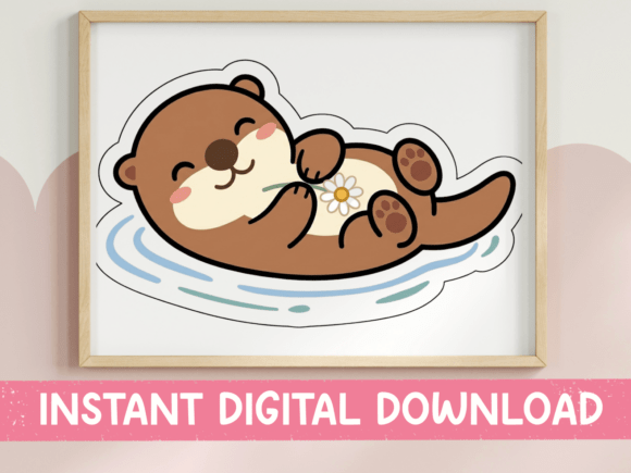 Kawaii Sea Otter with Daisy Sticker: Graphics for T-Shirt Designs