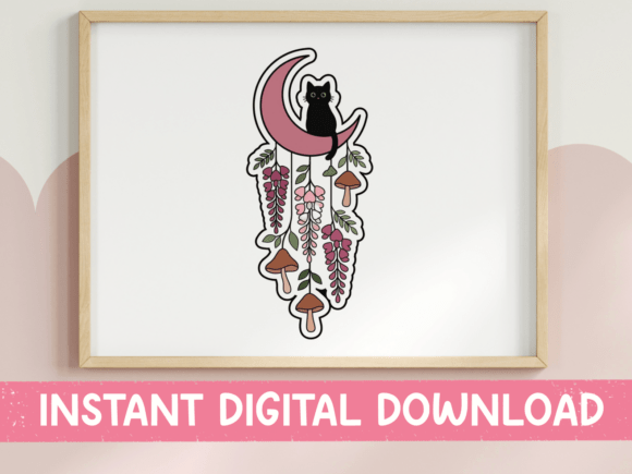 Moon Cat Wind Chime Floral Sticker: Graphics for T-Shirt Designs