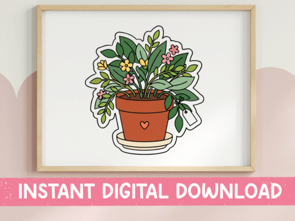 Potted Plant Sticker with Flowers Graphics