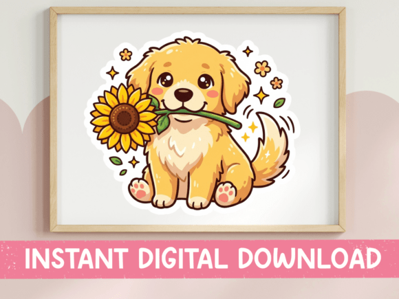 Sunflower Puppy Kawaii Sticker Print: Graphics for T-Shirt Designs
