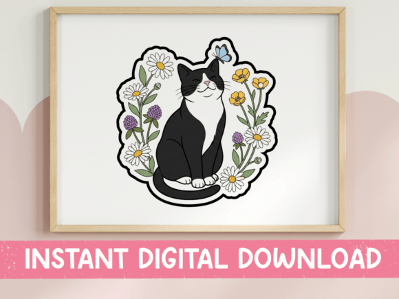 Tuxedo Cat Wildflower Garden Sticker: Graphics for T-Shirt Designs