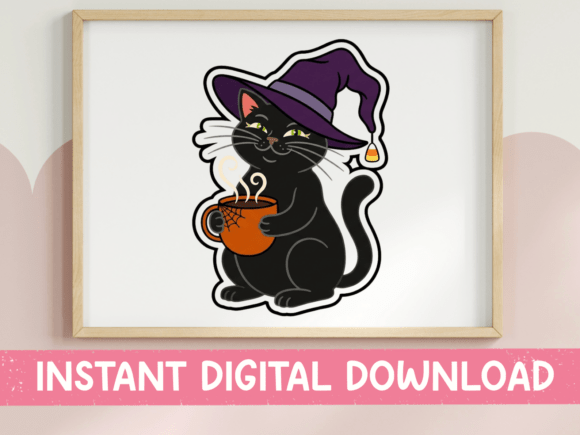 Witch Cat with Coffee Cup Sticker
