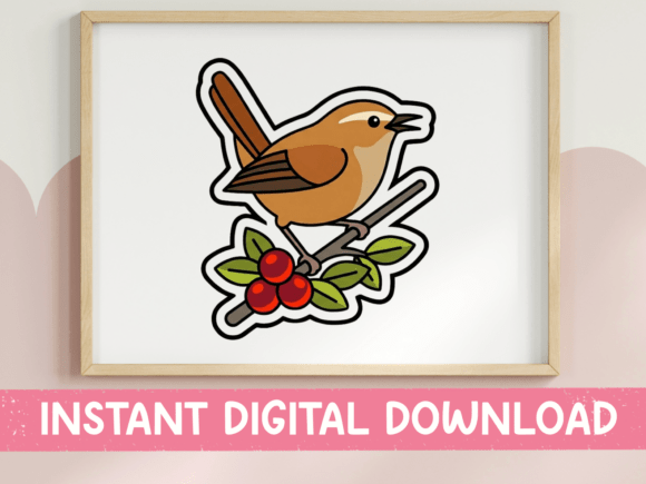 Wren Bird on Holly Branch Sticker: Graphics for T-Shirt Designs